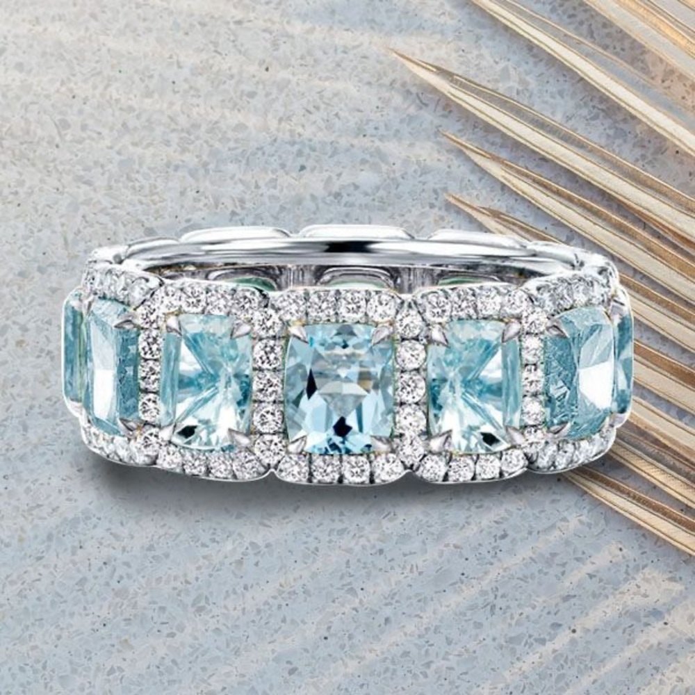 Aquamarine Ring Cushion Cut Eternity Wedding Band For Women 925 Sterling Silver - Picture 4 of 9